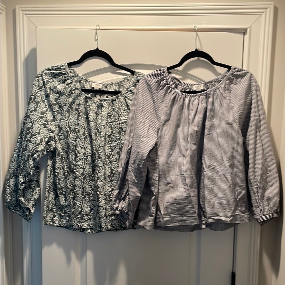 J. Crew Blue and White Puff Sleeve Blouse and Green Floral Blouse
